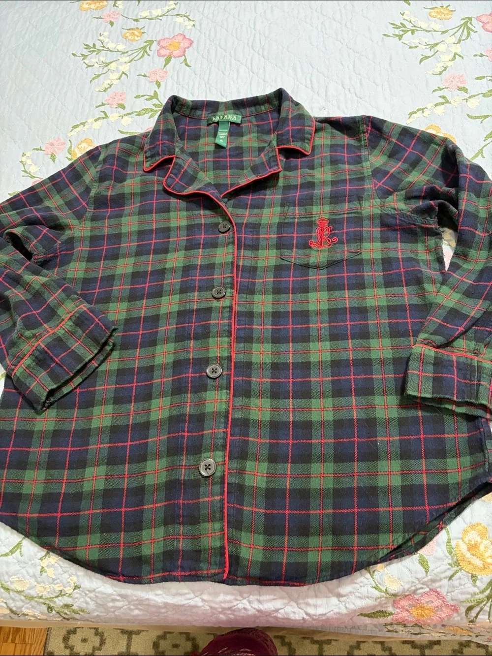 Ralph Lauren Green Label Navy Plaid Button. Pajama Youth Top Red Trim Size XL